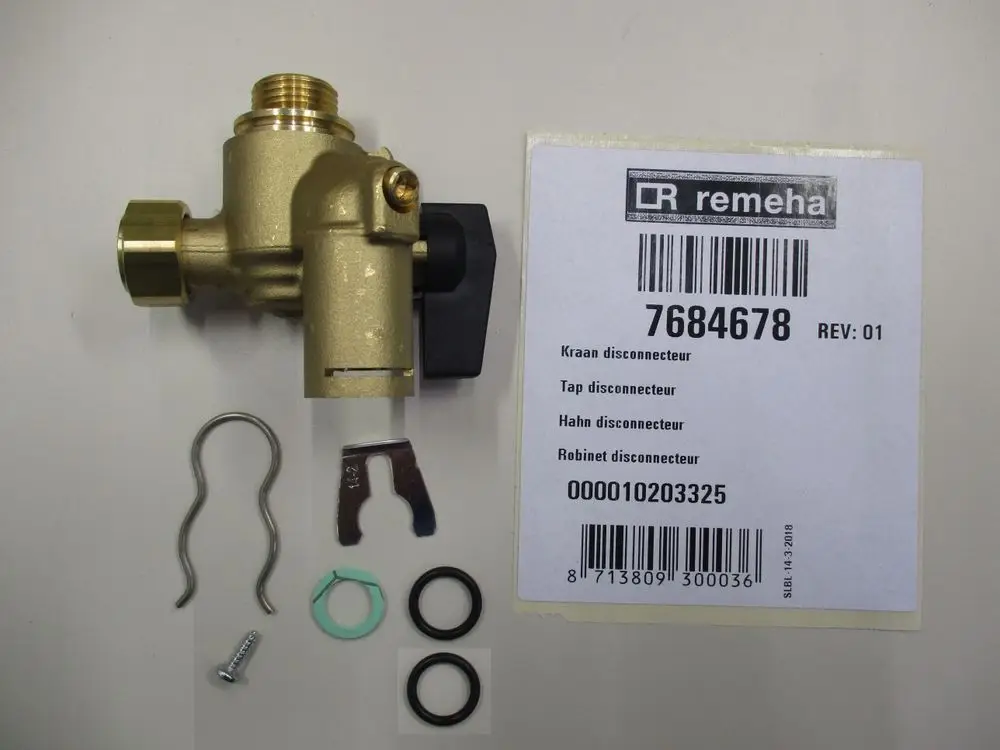 Remeha Abtrennsystem mit Absperrhahn, einem kleinen schwarzen Bedienknopf, einer Feder, Dichtungen und einer Montageanleitung auf dem beigelegten Papier.